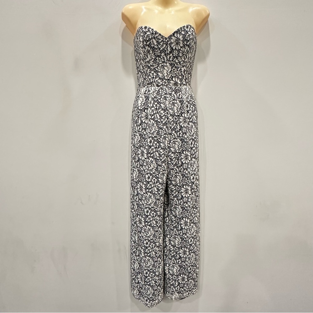 Parker Black and White Floral Sweetheart Strapless Wide Leg Jumpsuit size S